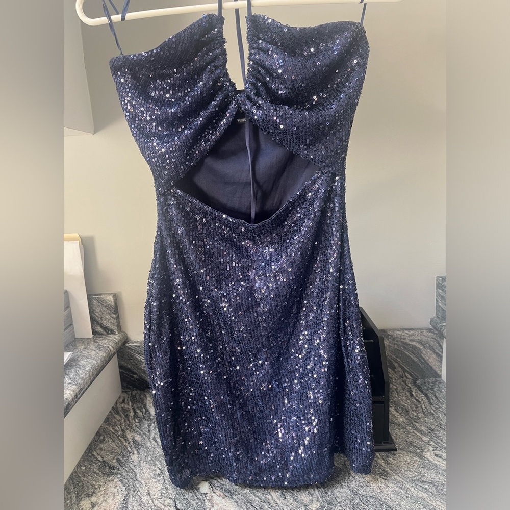 Gorgeous navy blue sequin mini dress with cut out